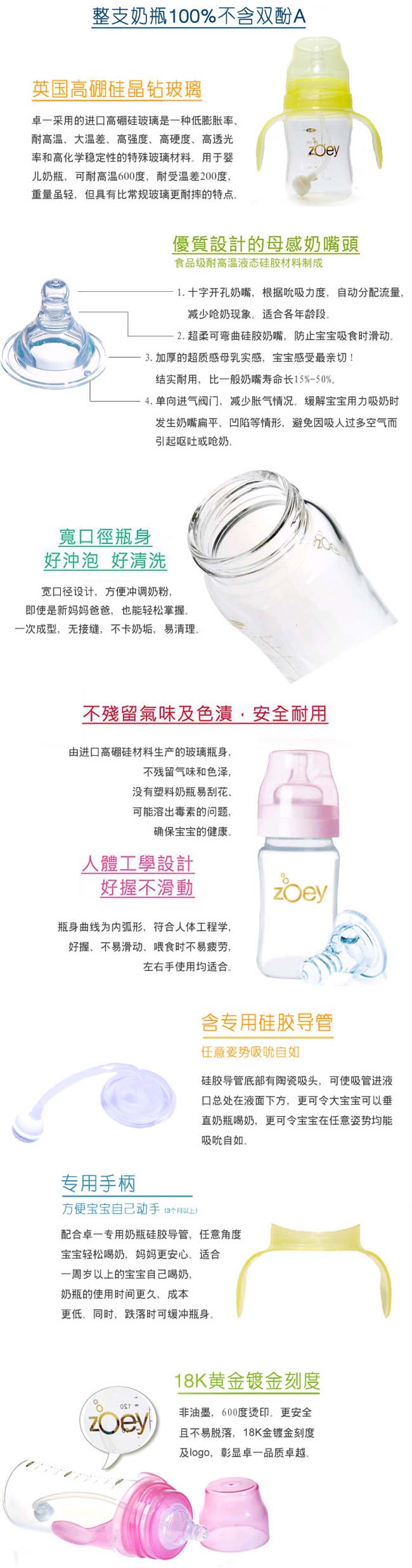 卓一高硼硅玻璃宽口径奶瓶