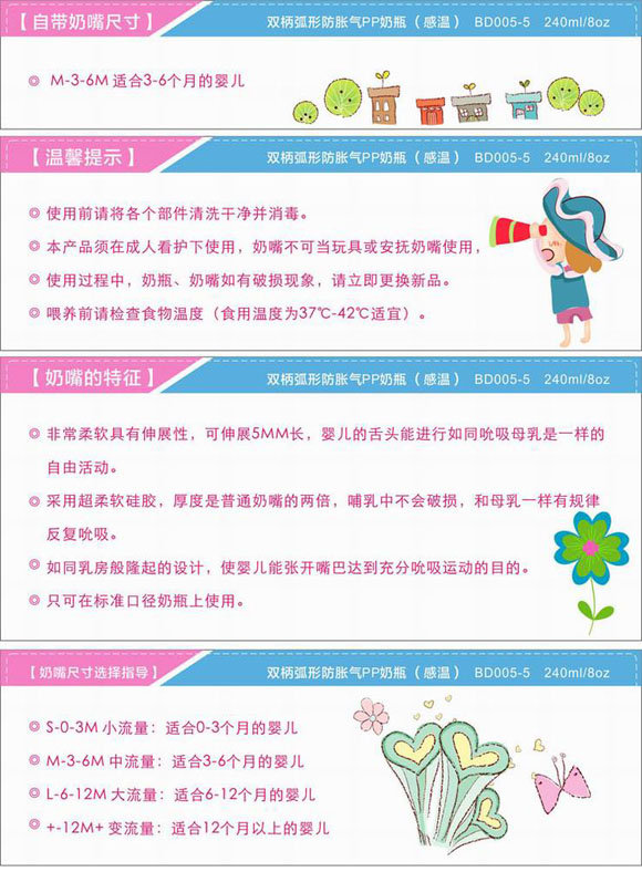 宝德感温PP奶瓶240ml白