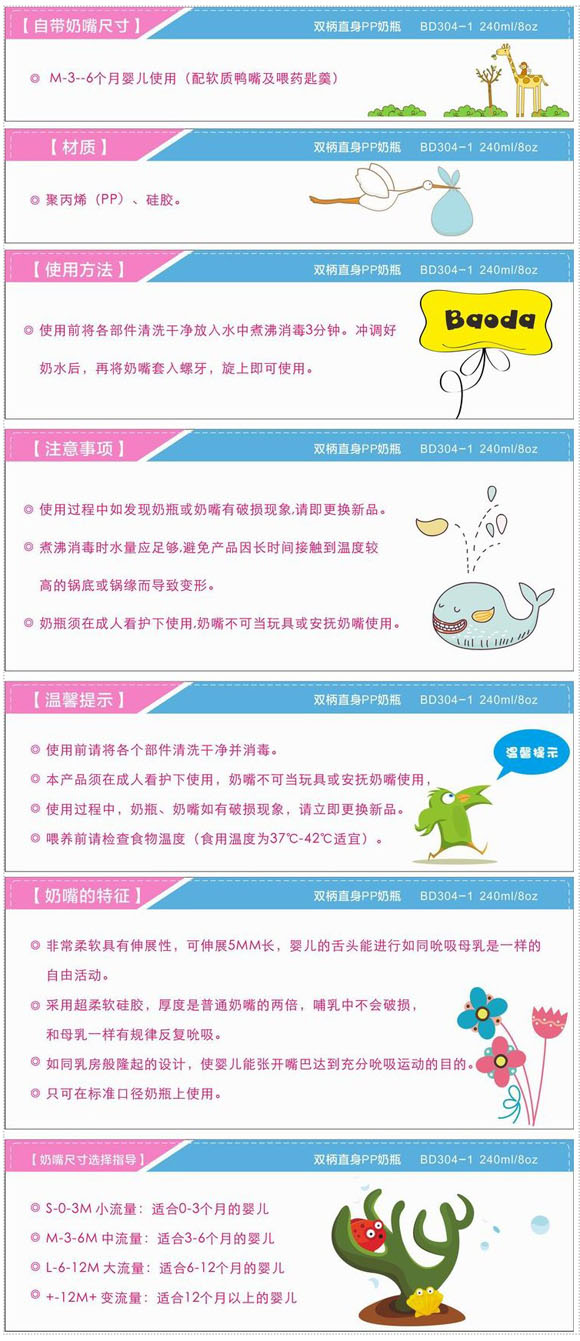 宝德双柄直身PP奶瓶240ml蓝