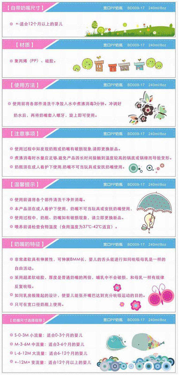 宝德宽口PP奶瓶240ml蓝