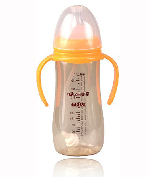 U亲A313PPSU宽口大圆弧带柄自动奶瓶300ml