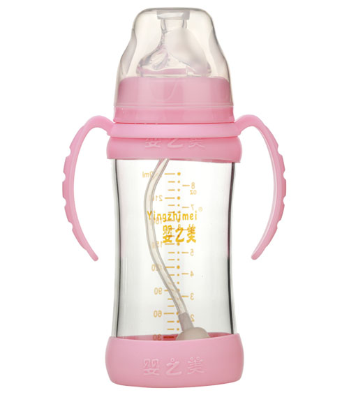 婴之美宽口双耳自动高硼硅玻璃奶瓶240ML粉色