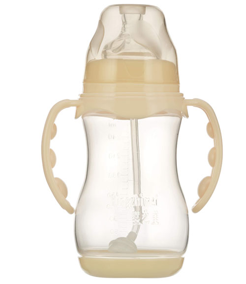 婴之美宽口双耳自动圆弧PP奶瓶带底300ML乳白色