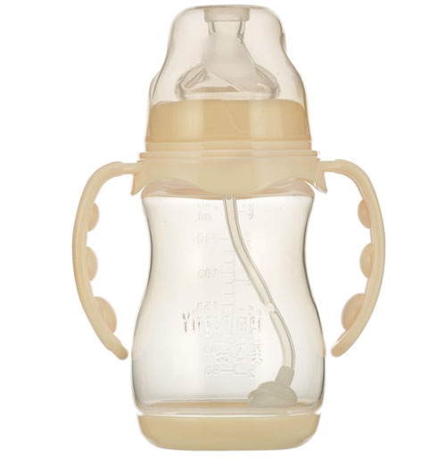 婴之美宽口双耳自动圆弧PP奶瓶带底240ML乳白色