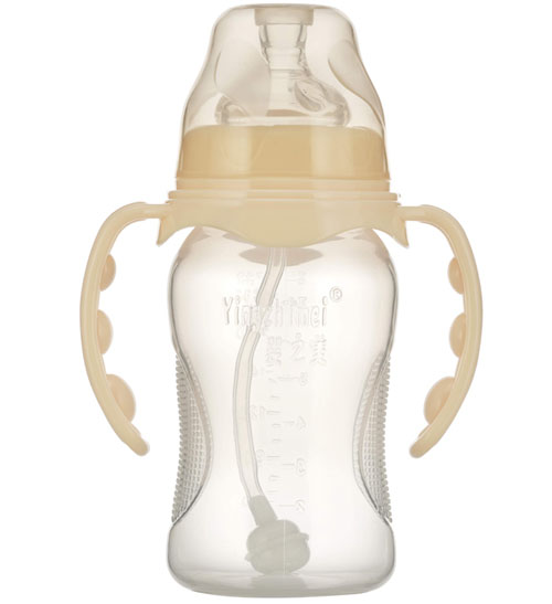 婴之美宽口双耳自动弧形PP奶瓶240ML乳白色