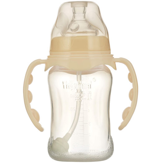 婴之美宽口双耳自动弧形PP奶瓶210ML乳白色