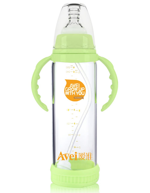 嗳唯标准口径带柄自动高硼硅玻璃奶瓶(250ml)(带安全硅胶套）