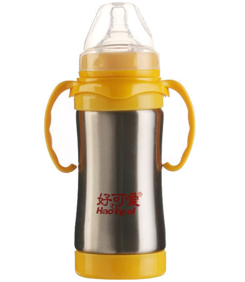好可爱宽口自动吸管弧形不锈钢奶瓶200ML