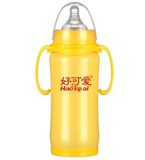 好可爱宽口自动吸管手柄弧形不锈钢奶瓶300ML