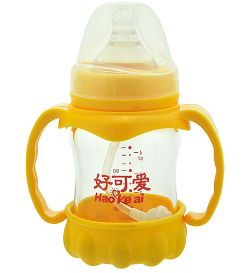 好可爱宽口自动吸管手柄弧形晶钻玻璃奶瓶120ML