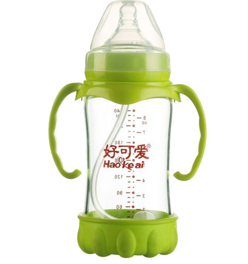 好可爱宽口自动吸管手柄弧形晶钻玻璃奶瓶240ML