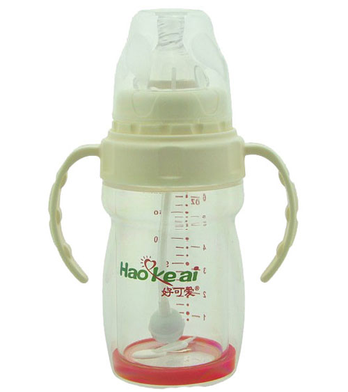 好可爱宽口自动吸管手柄双层晶钻玻璃奶瓶180ML