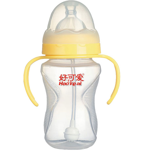 好可爱宽口自动吸管手柄弧形奶瓶260ml