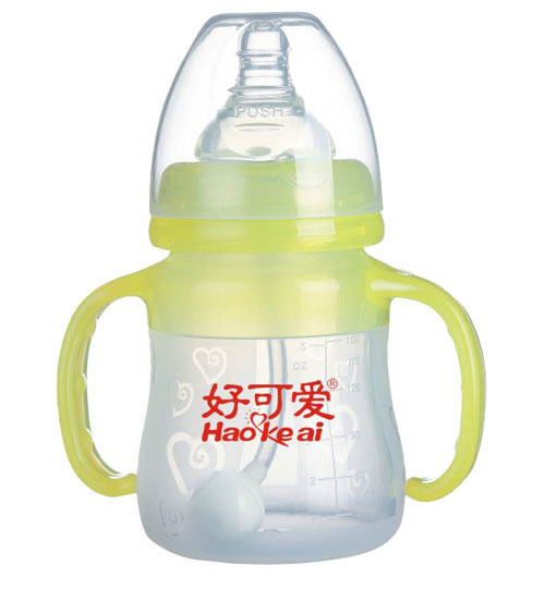 好可爱双柄自动吸管宽口弧形硅胶奶瓶150ml