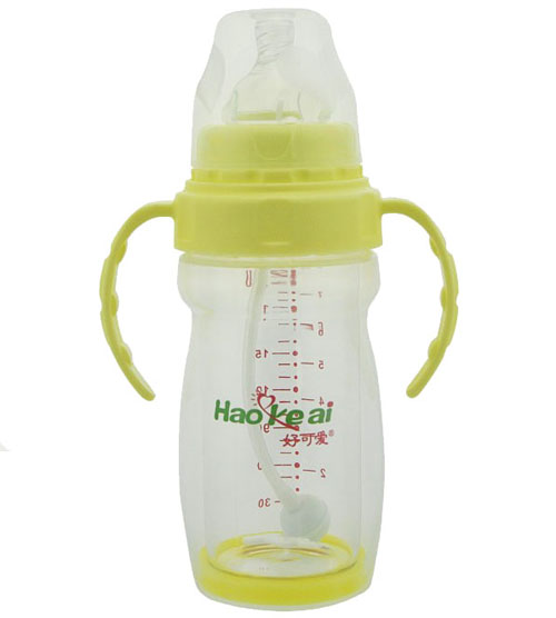 好可爱宽口自动吸管手柄双层晶钻玻璃奶瓶240ML