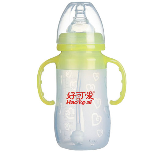 好可爱双柄自动吸管宽口弧形硅胶奶瓶240ml