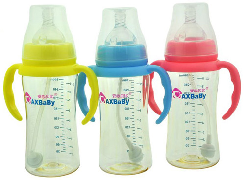 安心贝比双柄宽口自动吸管弧形奶瓶280ml