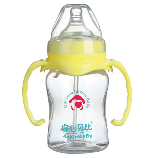 安心贝比双柄宽口自动吸管弧形奶瓶180ml