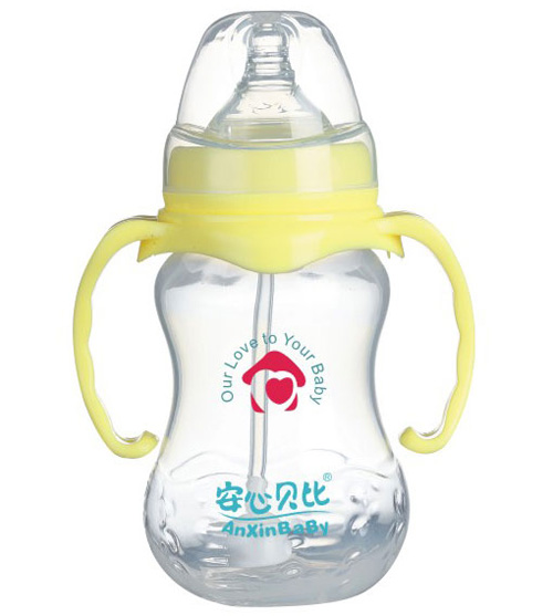 安心贝比双柄宽口自动吸管弧形奶瓶260ml