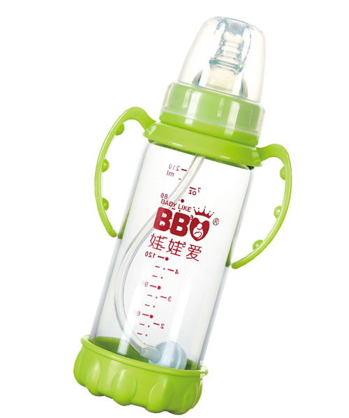 娃娃爱标口握把吸管防摔晶钻玻璃奶瓶150ml绿色