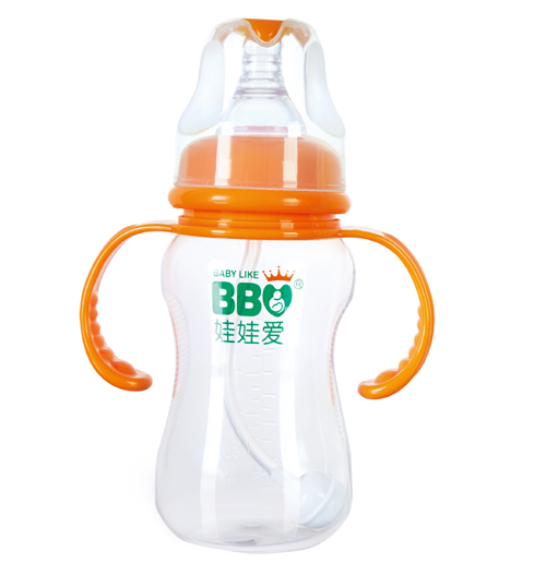 娃娃爱标口握把吸管防滑PP奶瓶210ml橙色