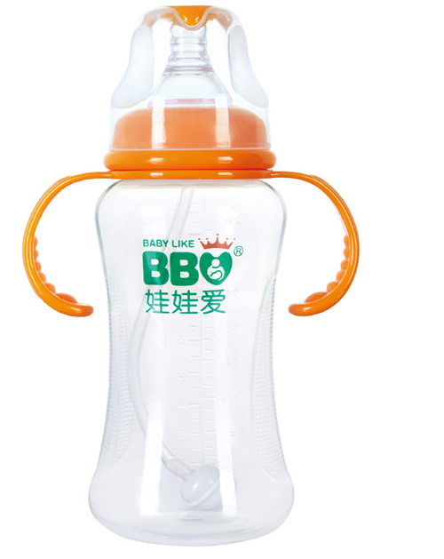 娃娃爱标口握把吸管防滑PP奶瓶330ml橙色