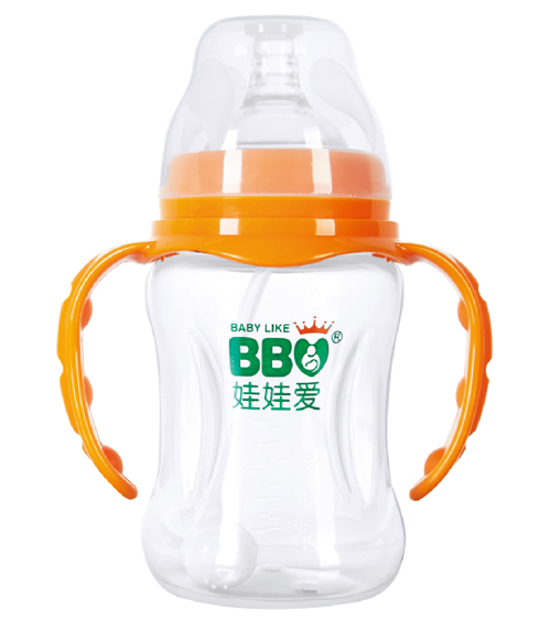 娃娃爱宽口握把吸管菱形PP奶瓶180ml橙色