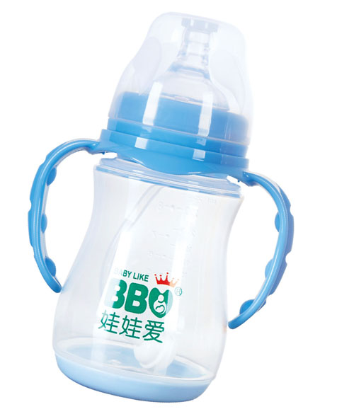 娃娃爱宽口握把吸管感温带底PP奶瓶250ml蓝色