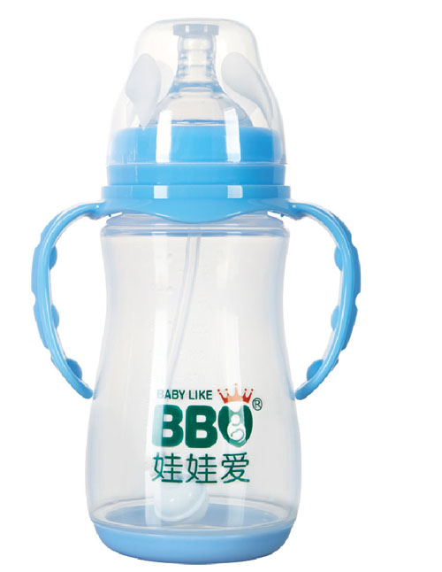 娃娃爱宽口握把吸管感温带底PP奶瓶300ml蓝色