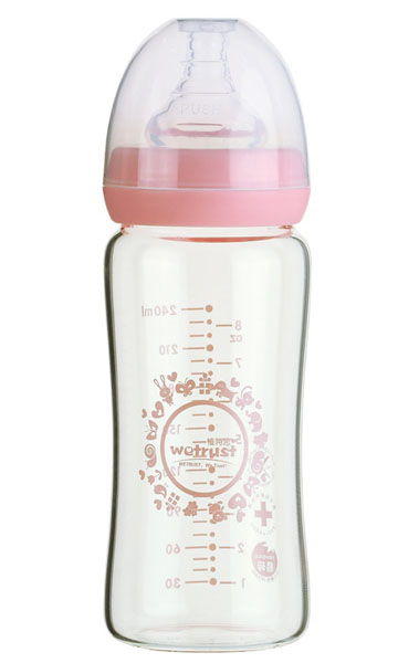 惟特思粉红晶钻玻璃印花奶瓶240ml(无把手)