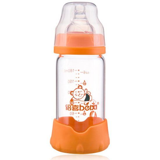 倍喜宽口直身防摔玻璃奶瓶180ML（橙色）