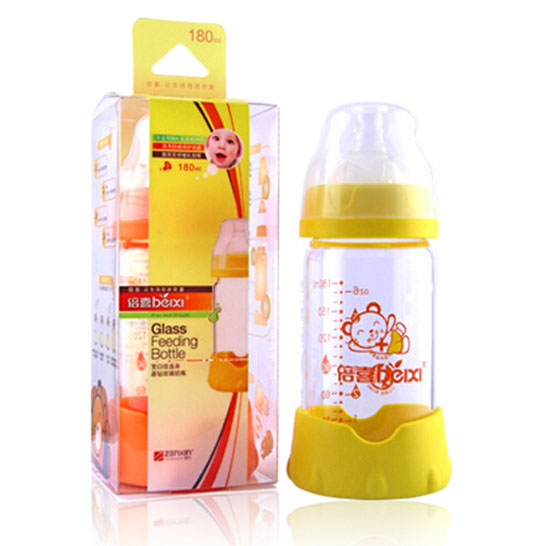 倍喜宽口直身防摔玻璃奶瓶180ML（黄色）