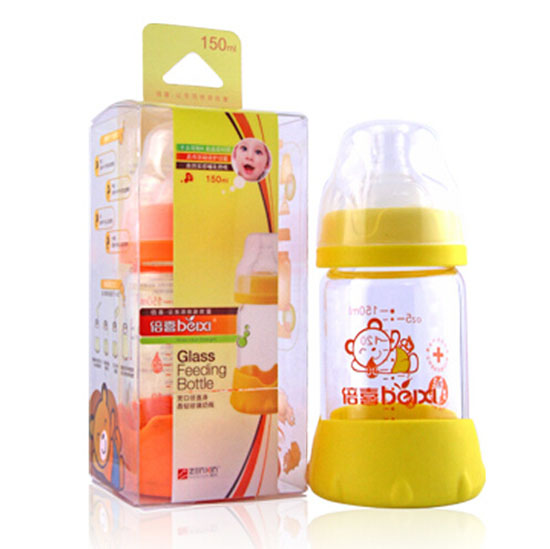 倍喜宽口直身玻璃奶瓶150ML（黄色）
