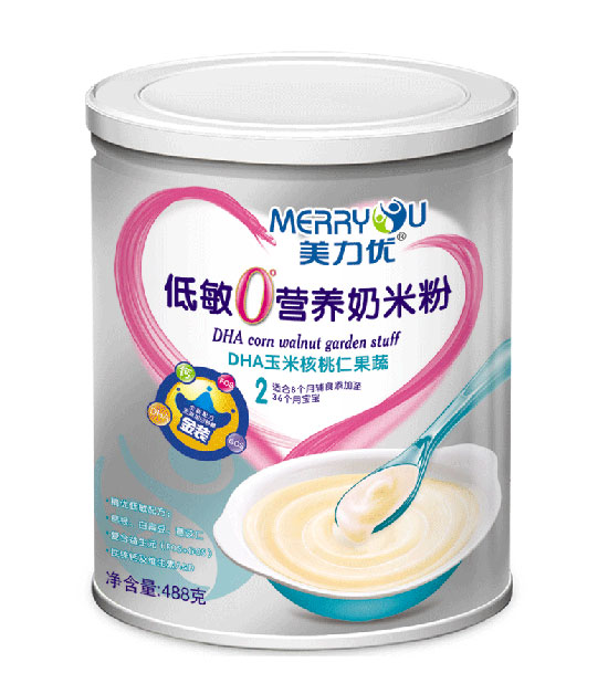  美力优DHA玉米核桃仁果蔬听装低敏0°营养奶米粉2段