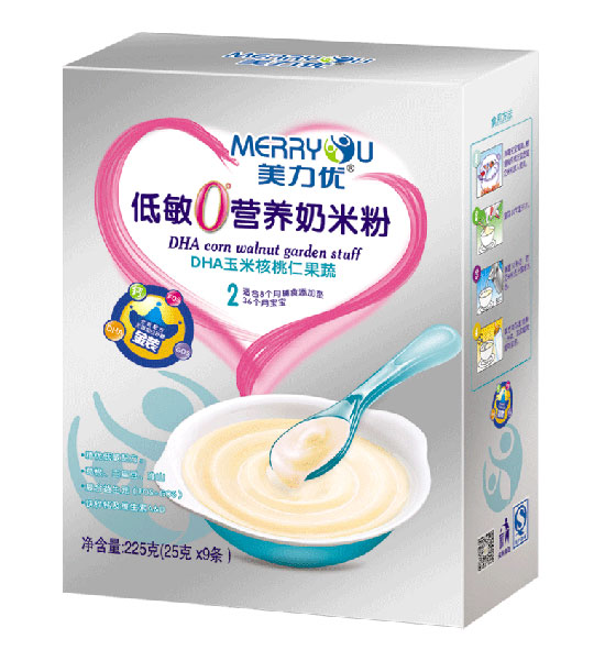  美力优DHA玉米核桃仁果蔬低敏0°营养奶米粉2段