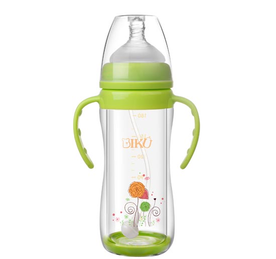 比酷熊婴幼儿带手柄玻璃奶瓶绿色180ML