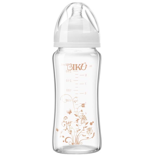 比酷熊婴幼儿无手柄玻璃奶瓶白色300ML