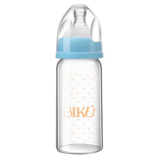 比酷熊婴幼儿无手柄玻璃奶瓶蓝色300ML
