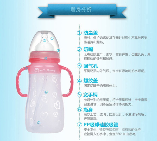 优优马骝宽口硅胶奶瓶红色