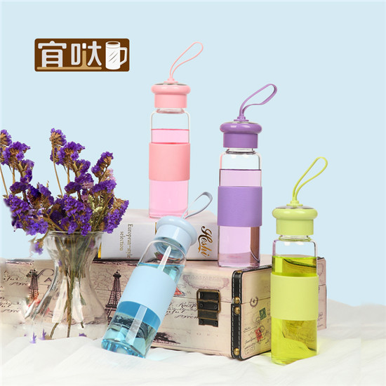 珂美带盖便携晶钻玻璃水杯