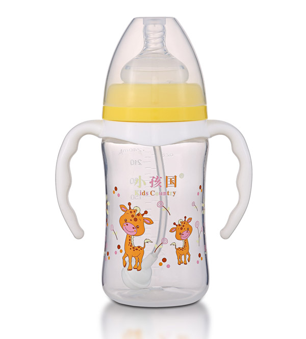 小孩国宽口直身自动高透PP奶瓶240ML 黄色