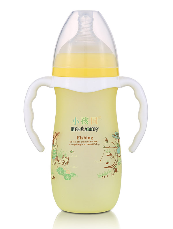 小孩国宽口硅胶感温自动玻璃奶瓶280ML 黄色