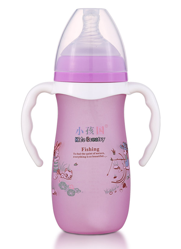 小孩国宽口硅胶感温自动玻璃奶瓶280ML 紫色