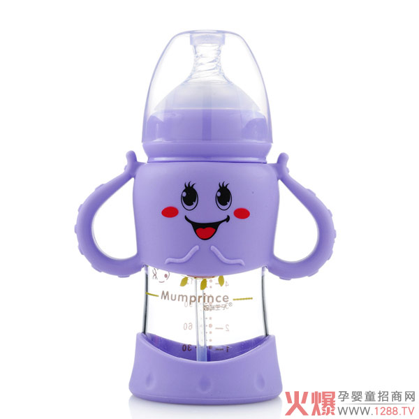 妈咪王子宽口晶钻玻璃自动吸卡通奶�?00ml紫色.jpg