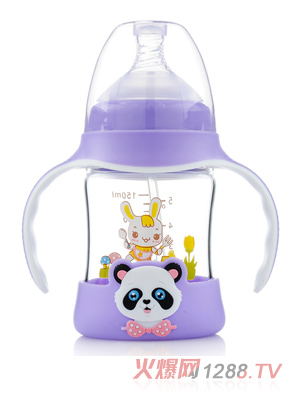 妈咪王子防摔晶钻玻璃双色宽口奶瓶150ml 紫色